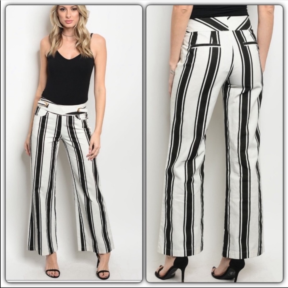 Black and White Striped Wide Leg Pants